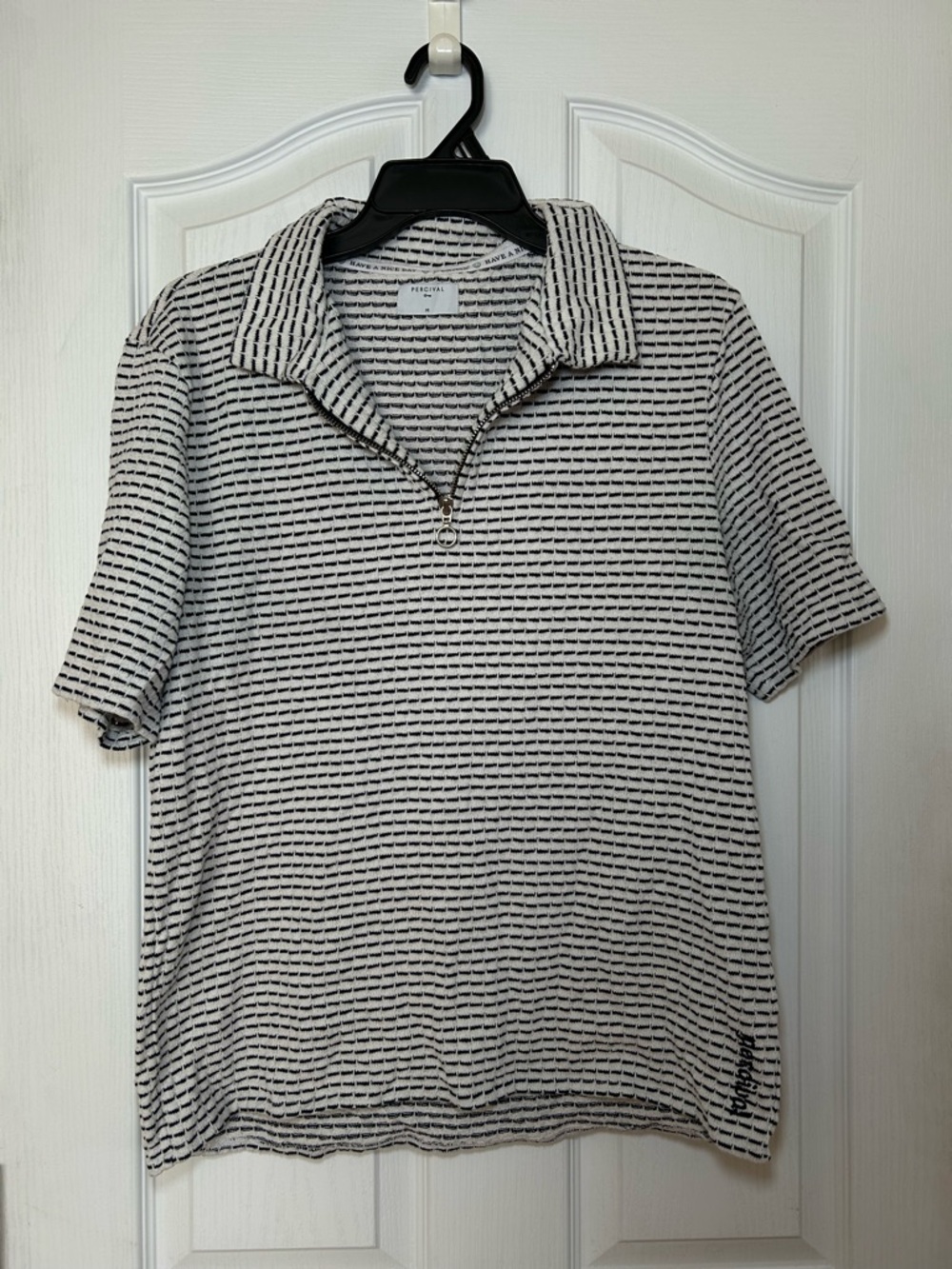 Percival Vertical Stripe Half-Zip Polo Shirt - Black/White
